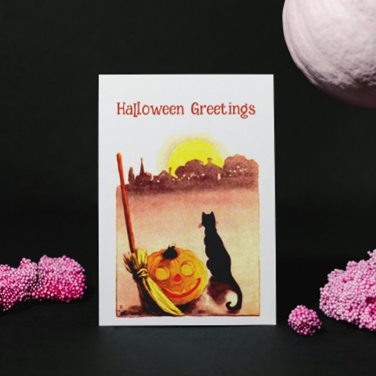 Vintag Sunset Black Katzenkürbis Halloween Feiertagspostkarte