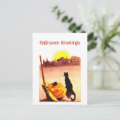 Vintag Sunset Black Katzenkürbis Halloween Feiertagspostkarte (Stehend Vorderseite)