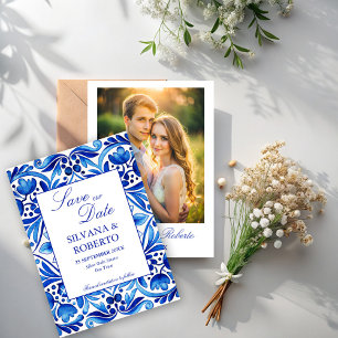 Vintag Talavera Azulejo Blauen Fliesen Hochzeit Save The Date