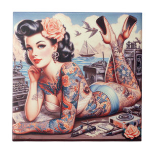 Vintag Tattoo Old School Girl Fliese