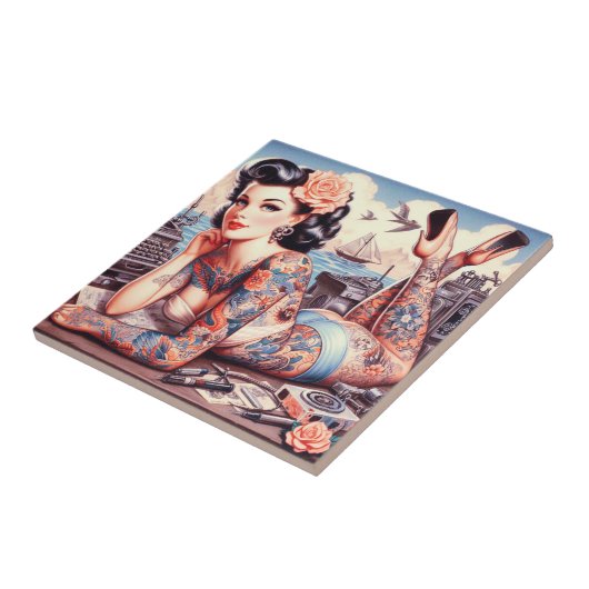 Vintag Tattoo Old School Girl Fliese (Seite)