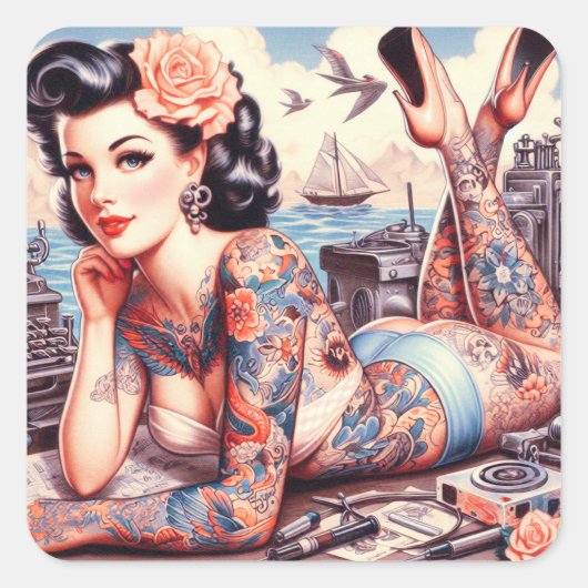 Vintag Tattoo Old School Girl Quadratischer Aufkleber (Vorderseite)