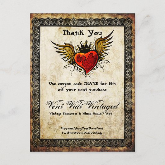 Vintag Tattoo Winged Heart Vielen Dank Coupon Postkarte (Vorderseite)