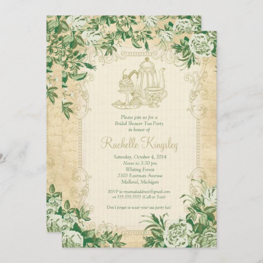 Vintag Tee Party Brautdusche Einladung (Vorne/Hinten)