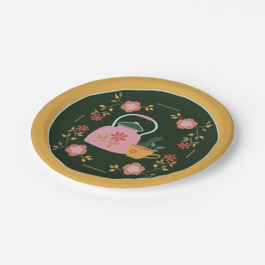 Vintag Tee Party Dunkelgrün gelb Pappteller (Schrägansicht)