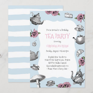Vintag Tee Party Geburtstag Baby Blue Stripes Einladung