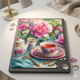 Vintag Tee Party Pink Peonies Jigsaw Puzzle