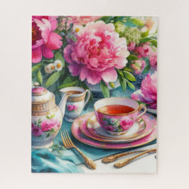Vintag Tee Party Pink Peonies Jigsaw Puzzle