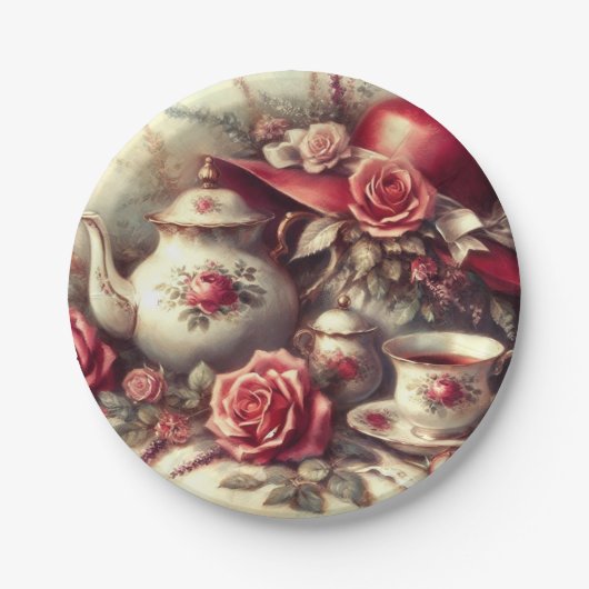 Vintag Tee Party Rote Rose Teapot Pappteller (Vorderseite)