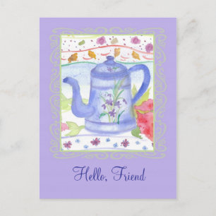 Vintag Tee Pot Wasserfarbe Blume Hallo Freund Postkarte