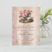 Vintag Teekanne Blume Glitzer Sparkasse Einladung (Stehend Vorderseite)