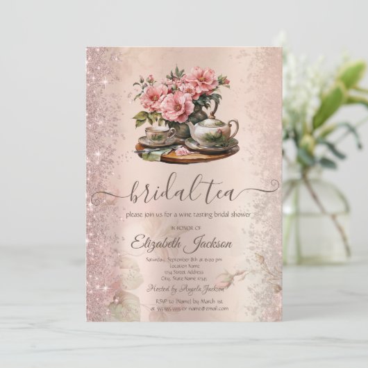 Vintag Teekanne Blume Glitzer Sparkasse Einladung (Stehend Vorderseite)