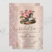 Vintag Teekanne Blume Glitzer Sparkasse Einladung (Vorne/Hinten)