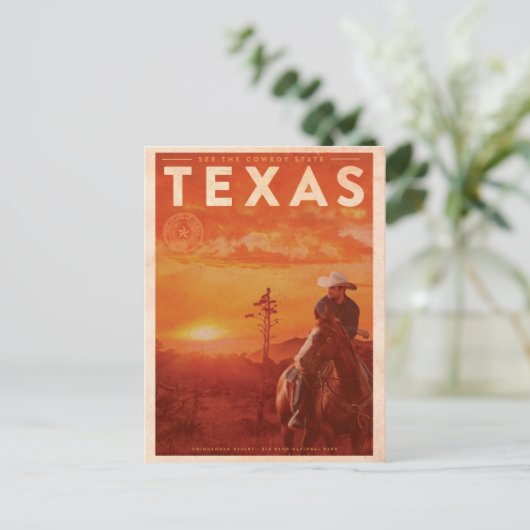 Vintag Texas Cowboy Travel Postkarte (Stehend Vorderseite)