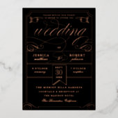 Vintag Ticket Antique Calligraphy Wedding Rose Folieneinladung (Vorderseite)