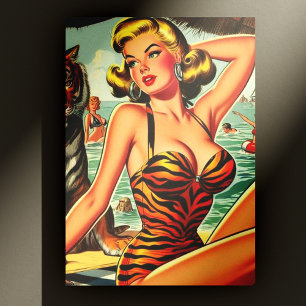 Vintag Tiger Print Girl Postkarte