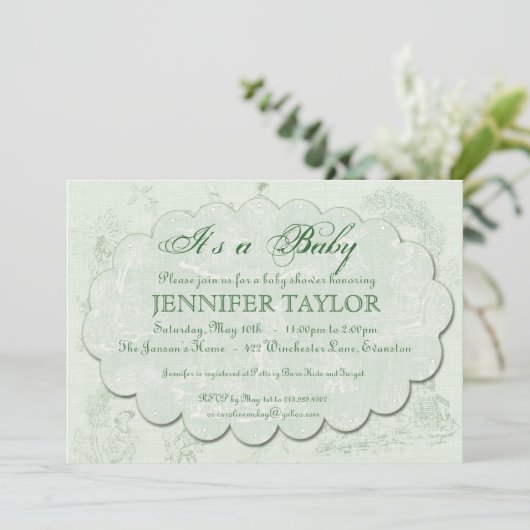 Vintag Toile Baby Dusche Einladung Grün (Stehend Vorderseite)