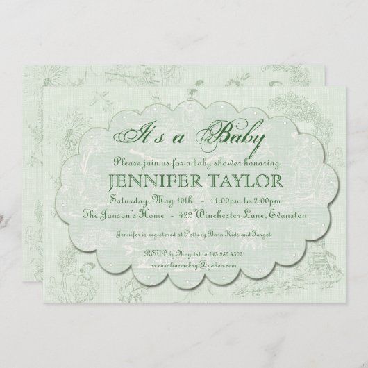 Vintag Toile Baby Dusche Einladung Grün (Vorne/Hinten)