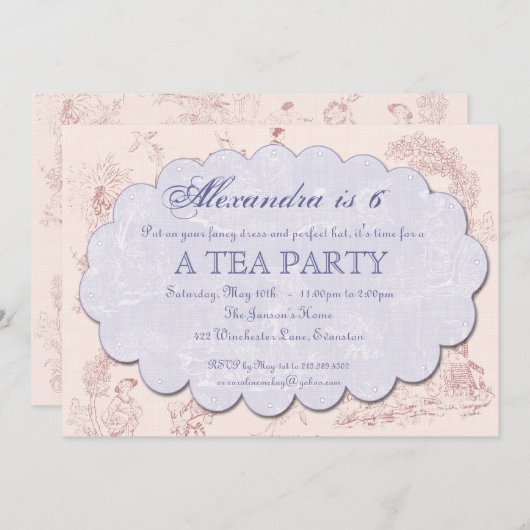 Vintag Toile Birthday Tee Party Einladung (Vorne/Hinten)