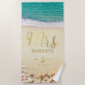 Vintag Tropical Beach Starfish Muscheln Mrs. Bride Strandtuch (Vorderseite)
