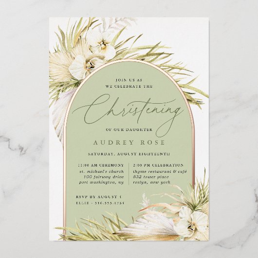 Vintag Tropics Christening Folieneinladung (Vorderseite)