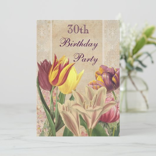 Vintag Tulips & Lilies 30. Geburtstag Einladung (Stehend Vorderseite)