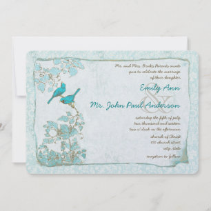 Vintag Türkis Aqua Blue Birds Damask Hochzeit Einladung