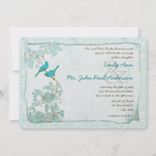 Vintag Türkis Aqua Blue Birds Damask Hochzeit Einladung