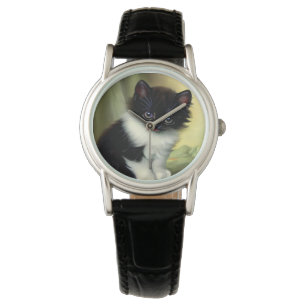 Vintag Tuxedo Kitten Illustration Armbanduhr