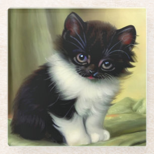 Vintag Tuxedo Kitten Illustration Glasuntersetzer