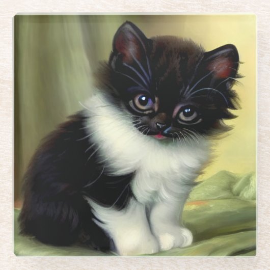 Vintag Tuxedo Kitten Illustration Glasuntersetzer (Vorderseite)