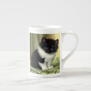 Vintag Tuxedo Kitten Illustration Porzellantasse