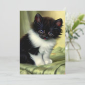 Vintag Tuxedo Kitten Illustration Save The Date (Stehend Vorderseite)