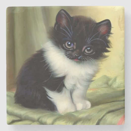Vintag Tuxedo Kitten Illustration Steinuntersetzer (Vorderseite)