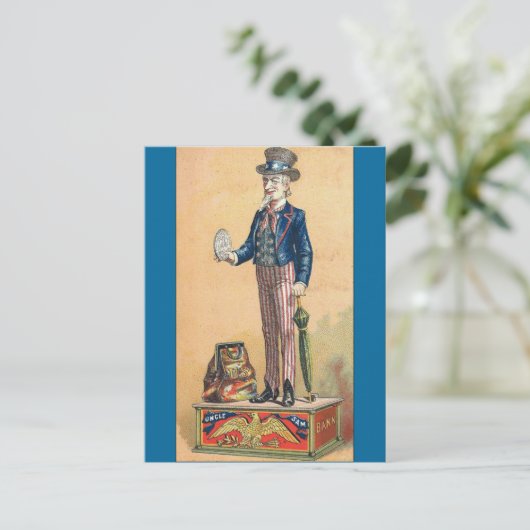 Vintag Uncle Sam Coin Bank Postkarte (Stehend Vorderseite)