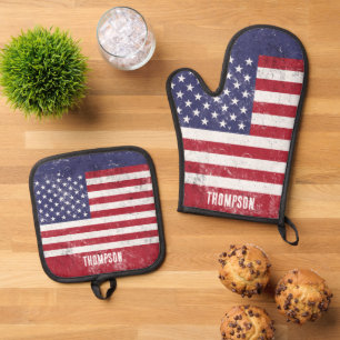 Vintag USA Flag Patrioamerikanisches Red White Blu Ofenhandschuh & Topflappen-Set