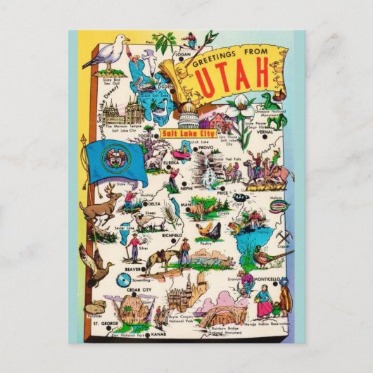 Vintag Utah Map Postkarte (Vorderseite)