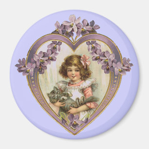 Vintag Valentine Heart Girl & Kitty Magnet