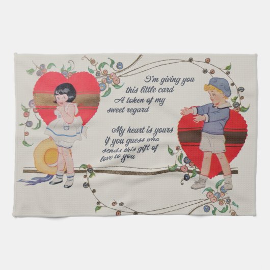 Vintag Valentine Kinder Niedliche Farbenfrohe Kuns Geschirrtuch (Horizontal)