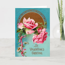 Vintag Valentine Pink Roses & White Daisies Feiertagskarte