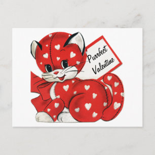 Vintag Valentine Red Cat White Hearts Retro Liebe Feiertagspostkarte