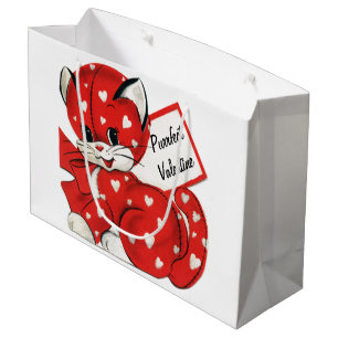 Vintag Valentine Red Cat White Hearts Retro Liebe Große Geschenktüte