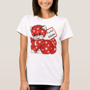 Vintag Valentine Red Cat White Hearts Retro Liebe T-Shirt