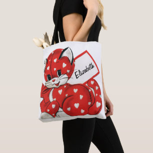 Vintag Valentine Red Cat White Hearys Niedliche Li Tasche