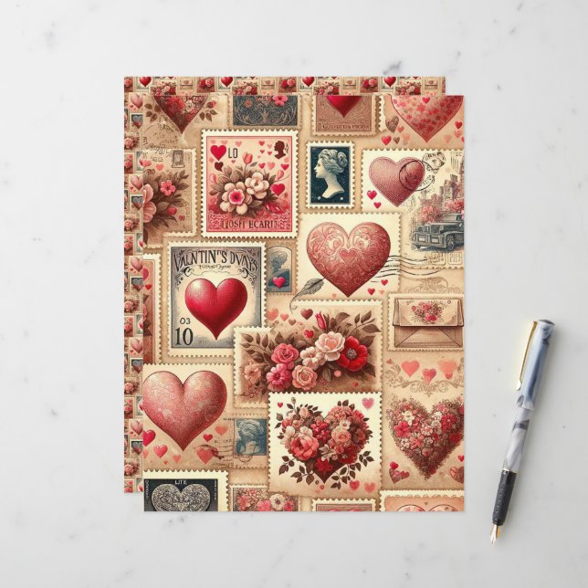Vintag Valentines Ephemera Scrapbook Paper (Vorderseite/Rückseite Beispiel)