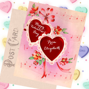 Vintag Valentinstag-Karte Rote Herzen und Musik Feiertagspostkarte