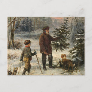 Vintag - Vater und Sohn pflücken Weihnachtsbaum Feiertagspostkarte