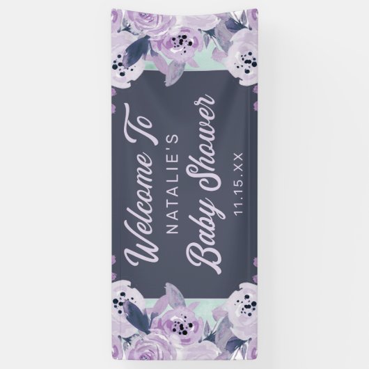 Vintag-violette Blumen Kinderdusche Begrüßung Banner (Vertikal)