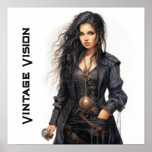 Vintag Vision Steampunk Young Woman Retro Poster