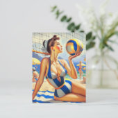 Vintag Volley Girl Illustration Postkarte (Stehend Vorderseite)